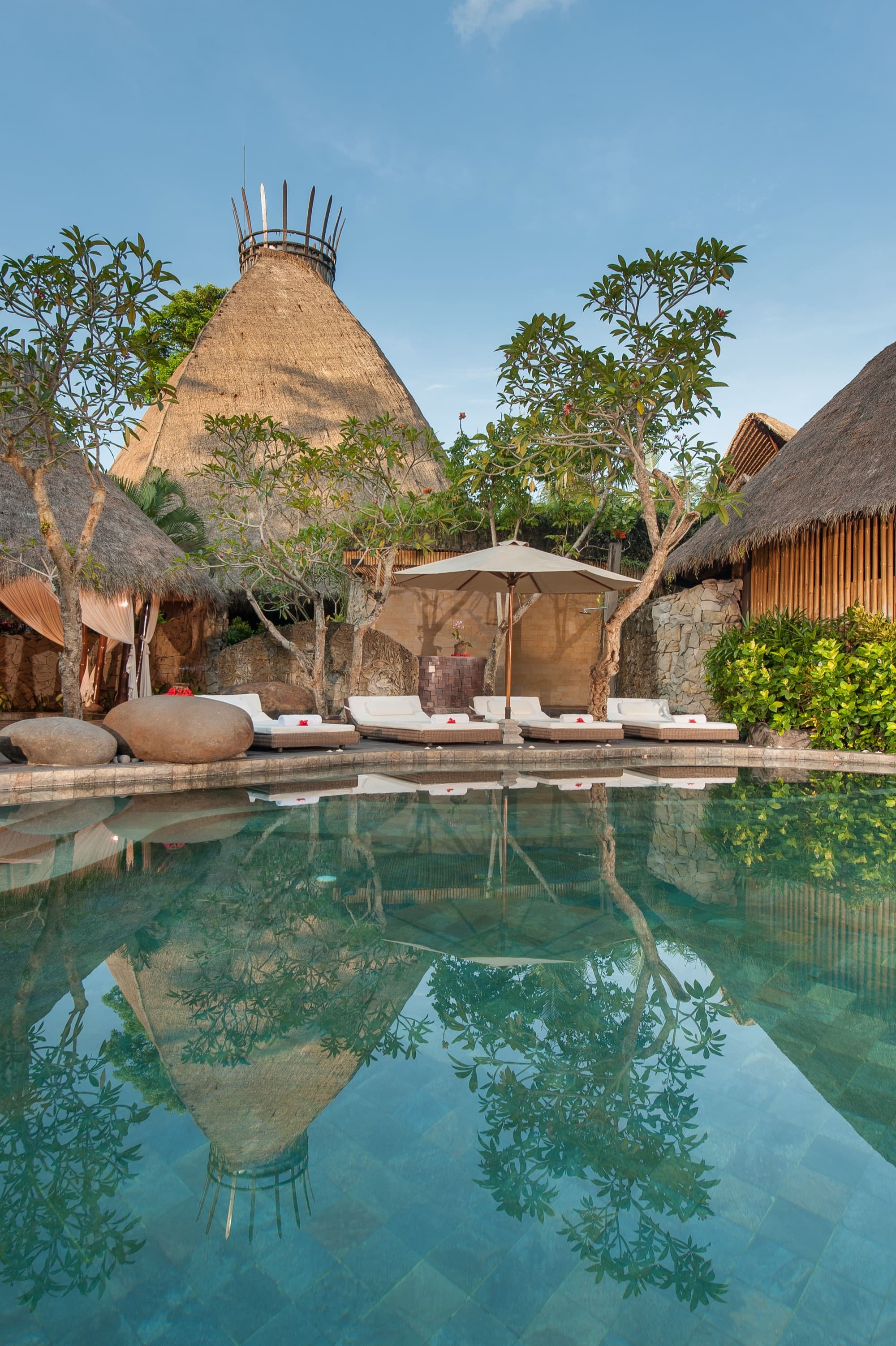 Bidadari Beauty Sanctuary watsu pool surrounded by bamboo pavilions