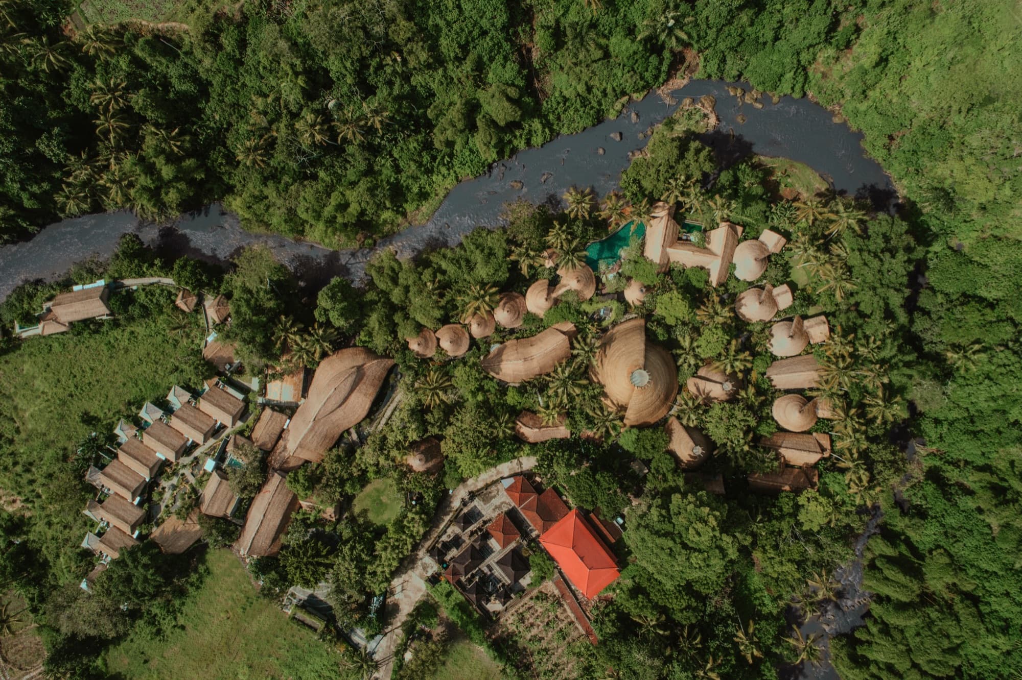 Top-down drone view of Fivelements Retreat along the Ayung river
