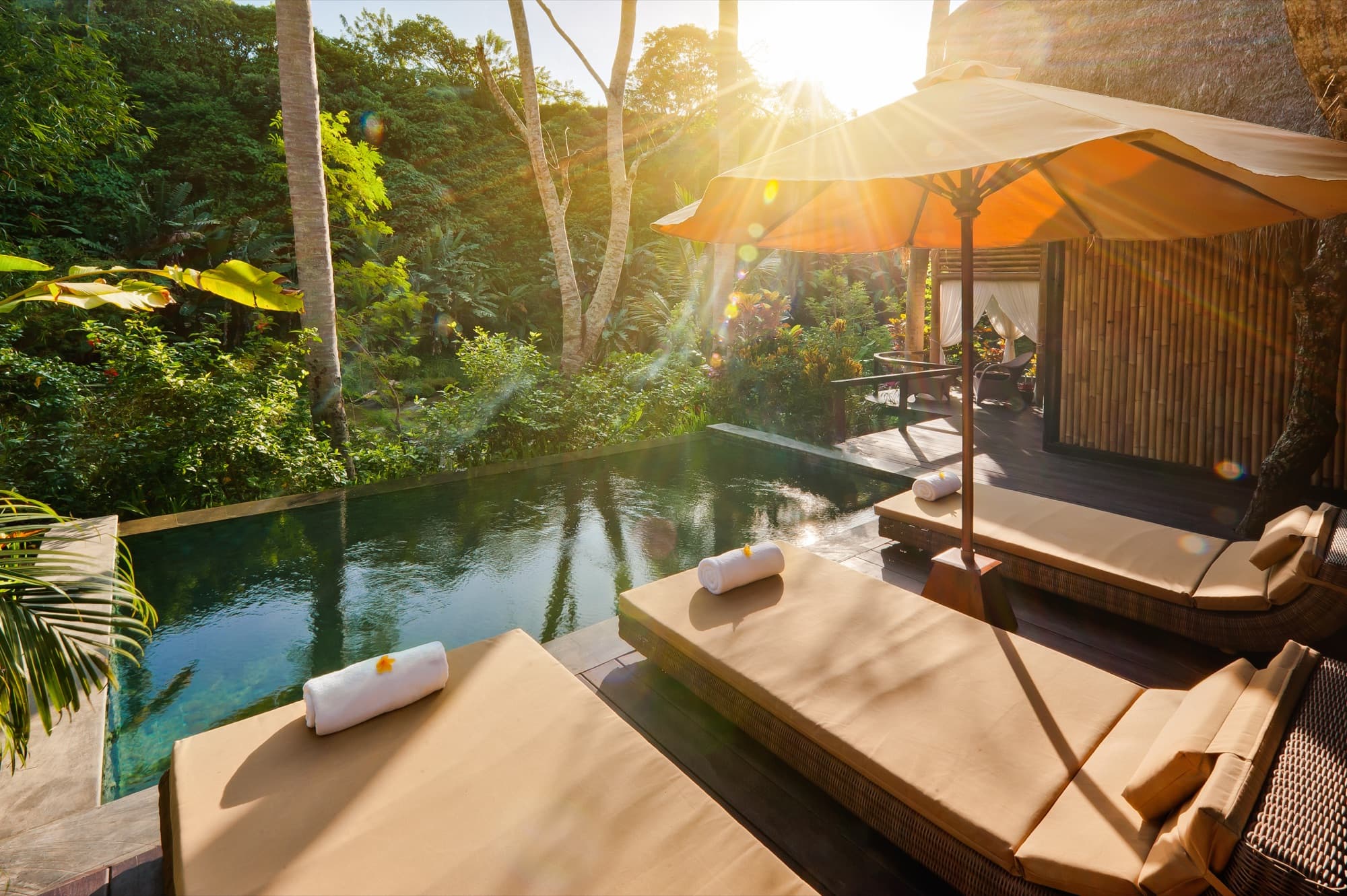 Private suite pool at sunrise with parasol and daybeds