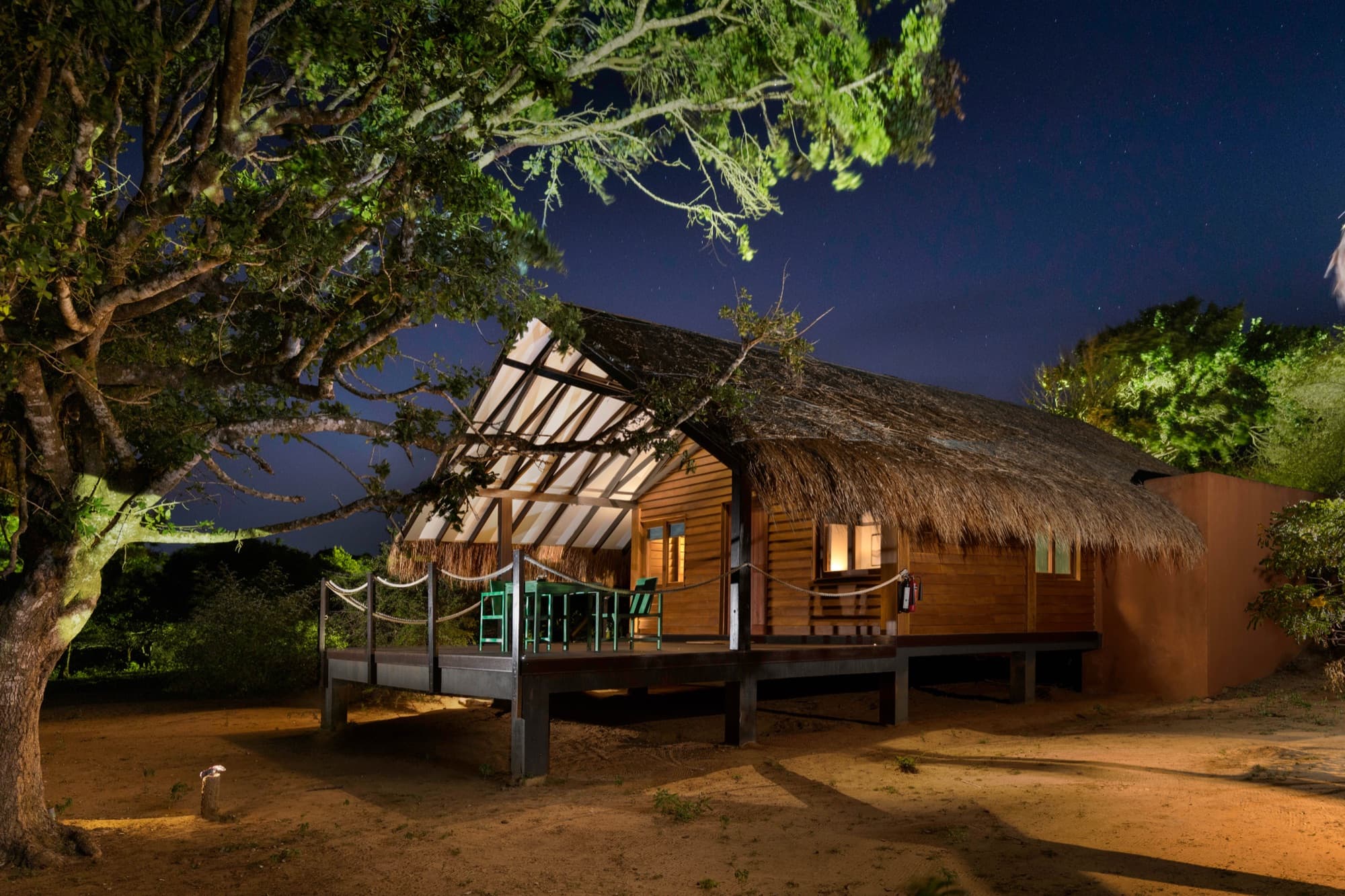 Wooden Jungle Dwelling on stilts at night, lit warmly under a tree