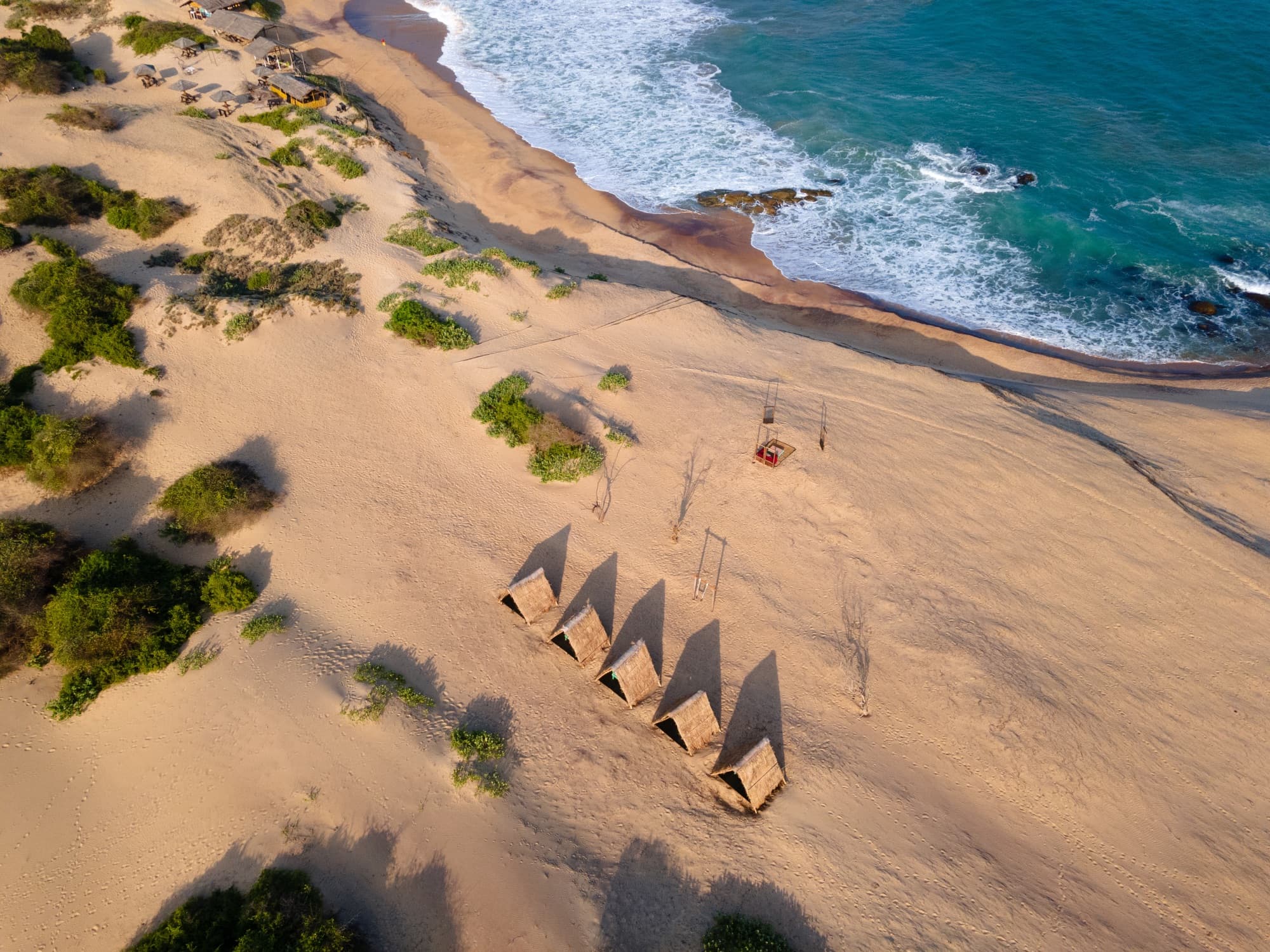 Aerial view of dune beach with a row of triangular thatched cabanas on the sand