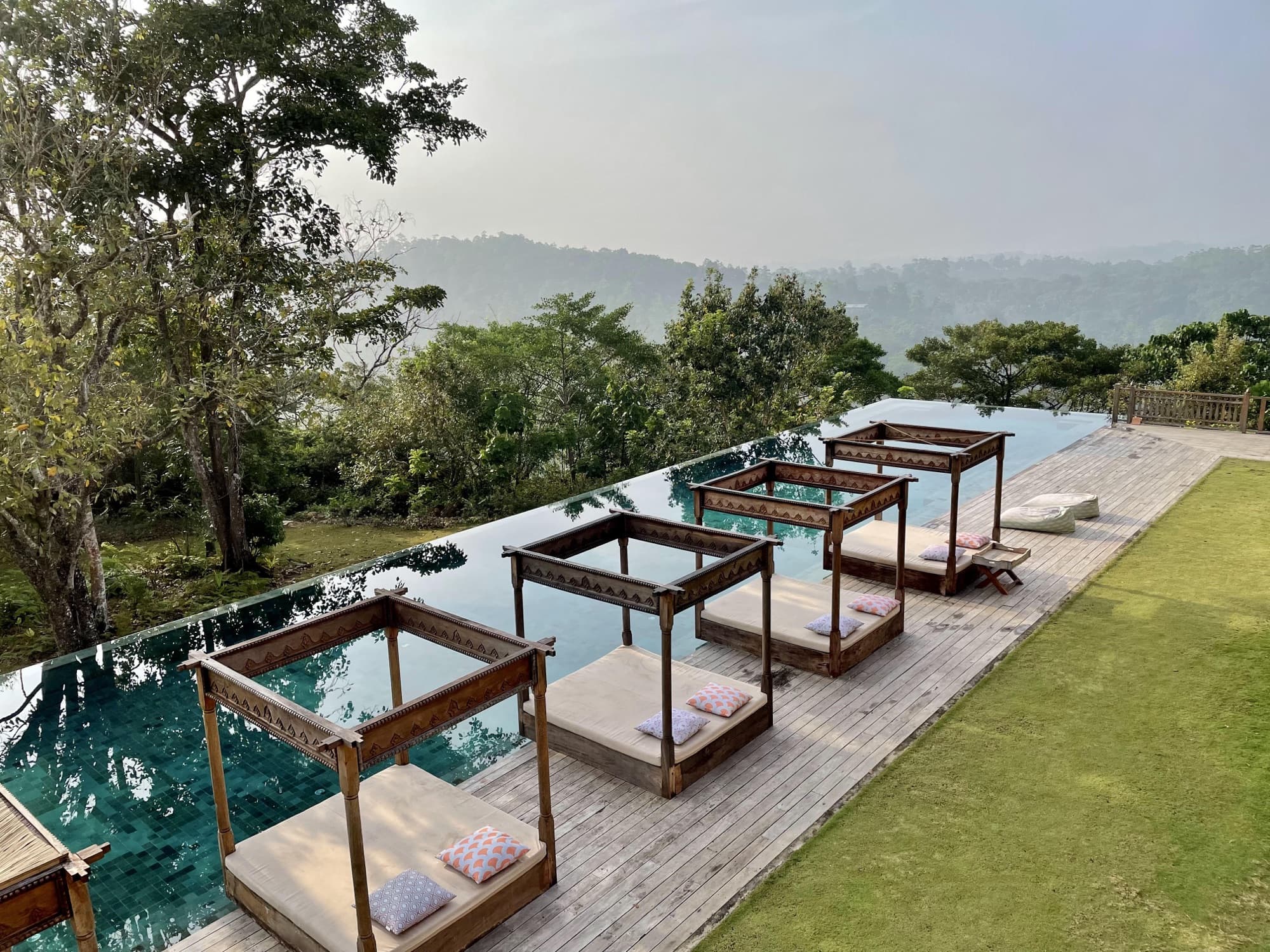 Sun beds along the salt-water infinity pool overlooking the canopy