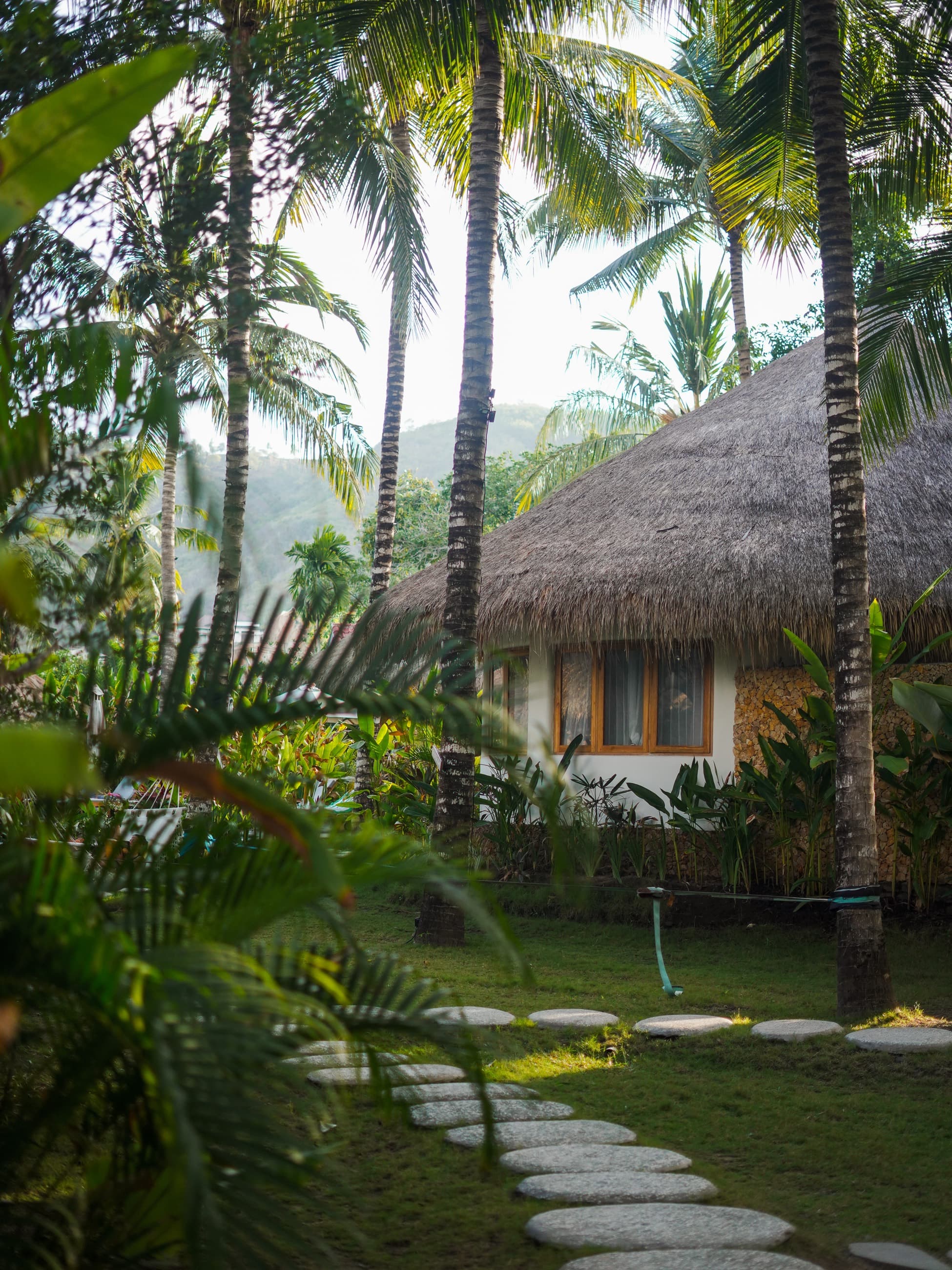 Bungalow en chaume aperçu entre les cocotiers au-dessus d'un chemin de pas japonais