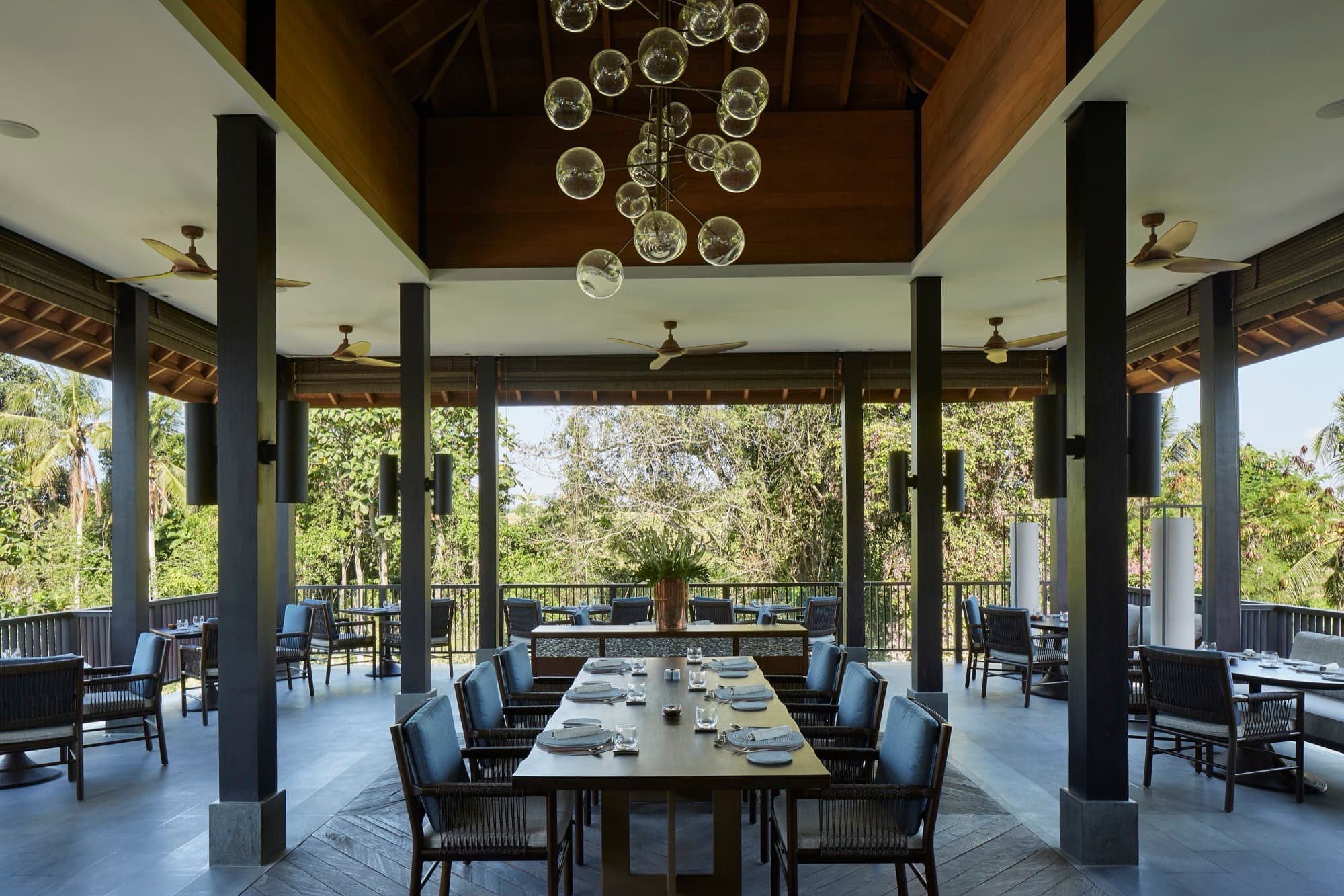 Ambu, the open-air restaurant, with jungle views on three sides
