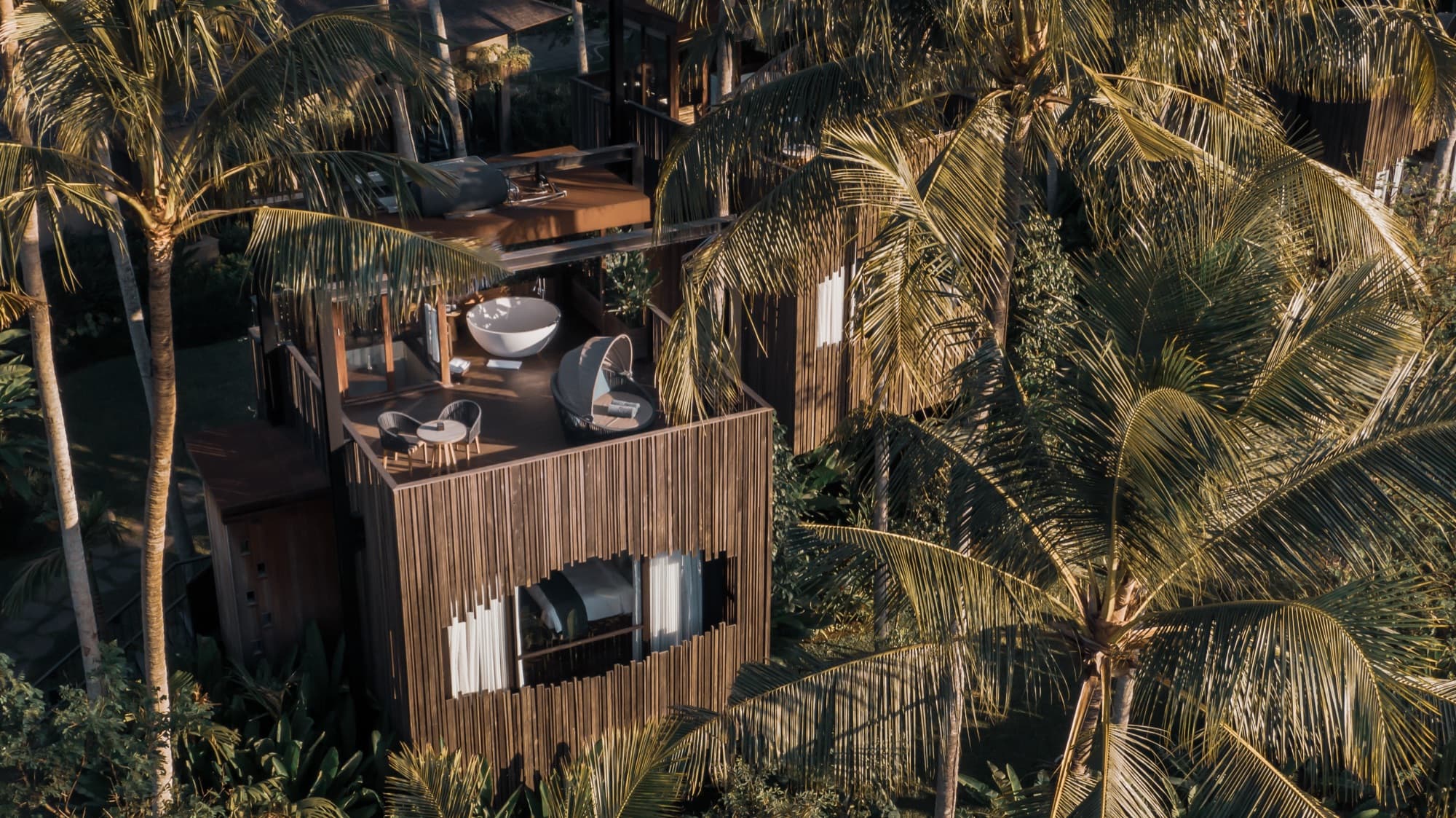 Aerial of a Canopy Suite treehouse with rooftop deck and bathtub among the palms