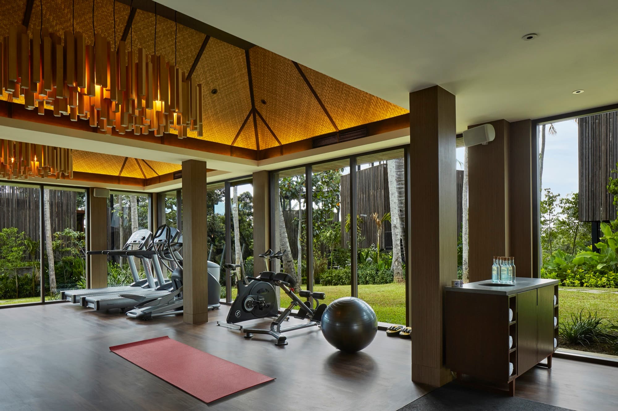 Fitness centre with floor-to-ceiling windows onto the garden