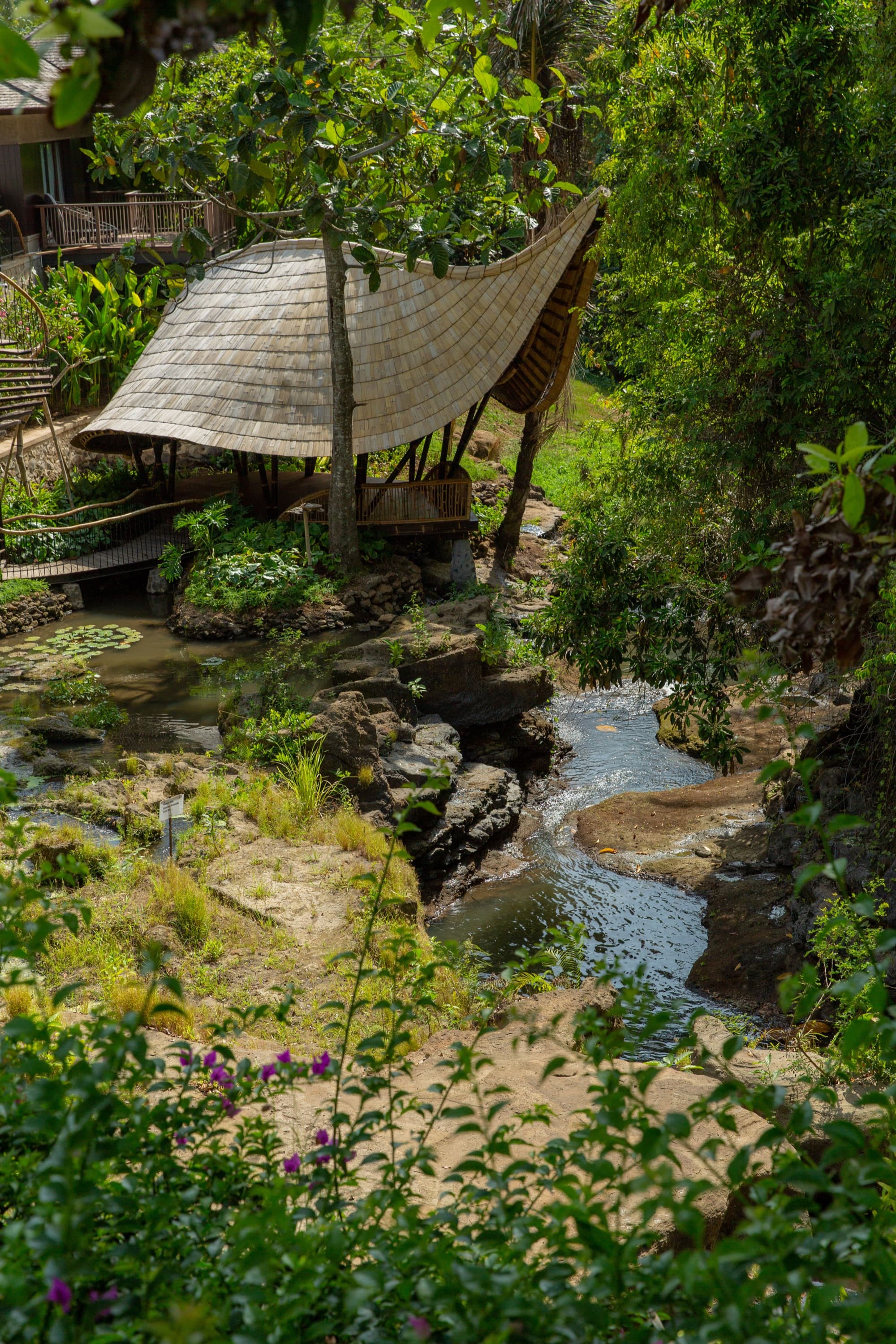 The bamboo yoga shala beside the stream in the garden