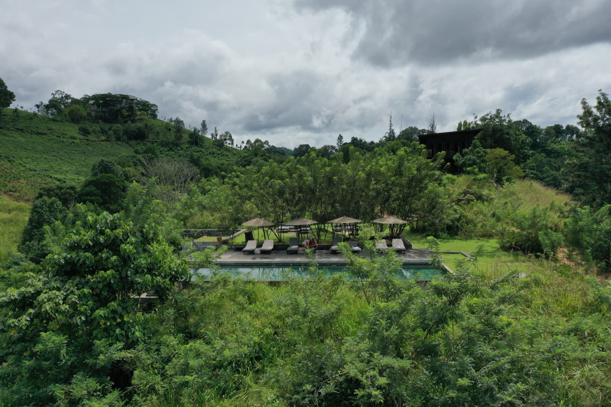 Infinity pool with shaded cabanas nestled in dense forest below the hillside