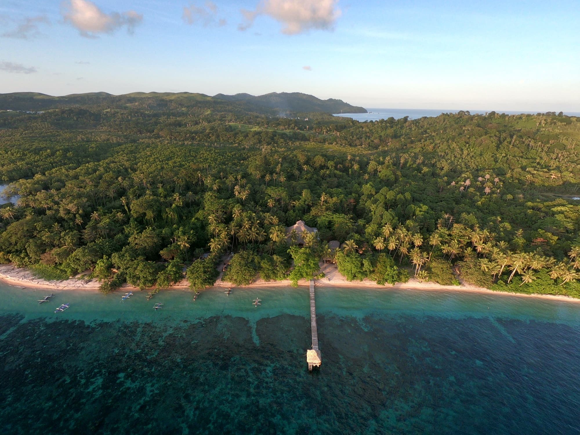 White-sand beach fringed by trees along the Coral Eye shoreline, Bangka Island