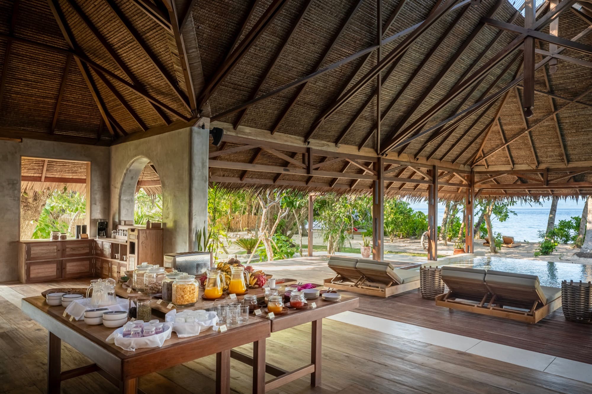 Communal and private tables in the Coral Eye restaurant