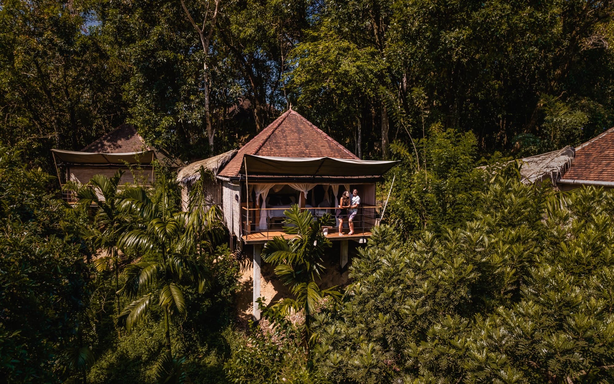 Forest Pavilion raised above the canopy at dusk, a couple on its deck