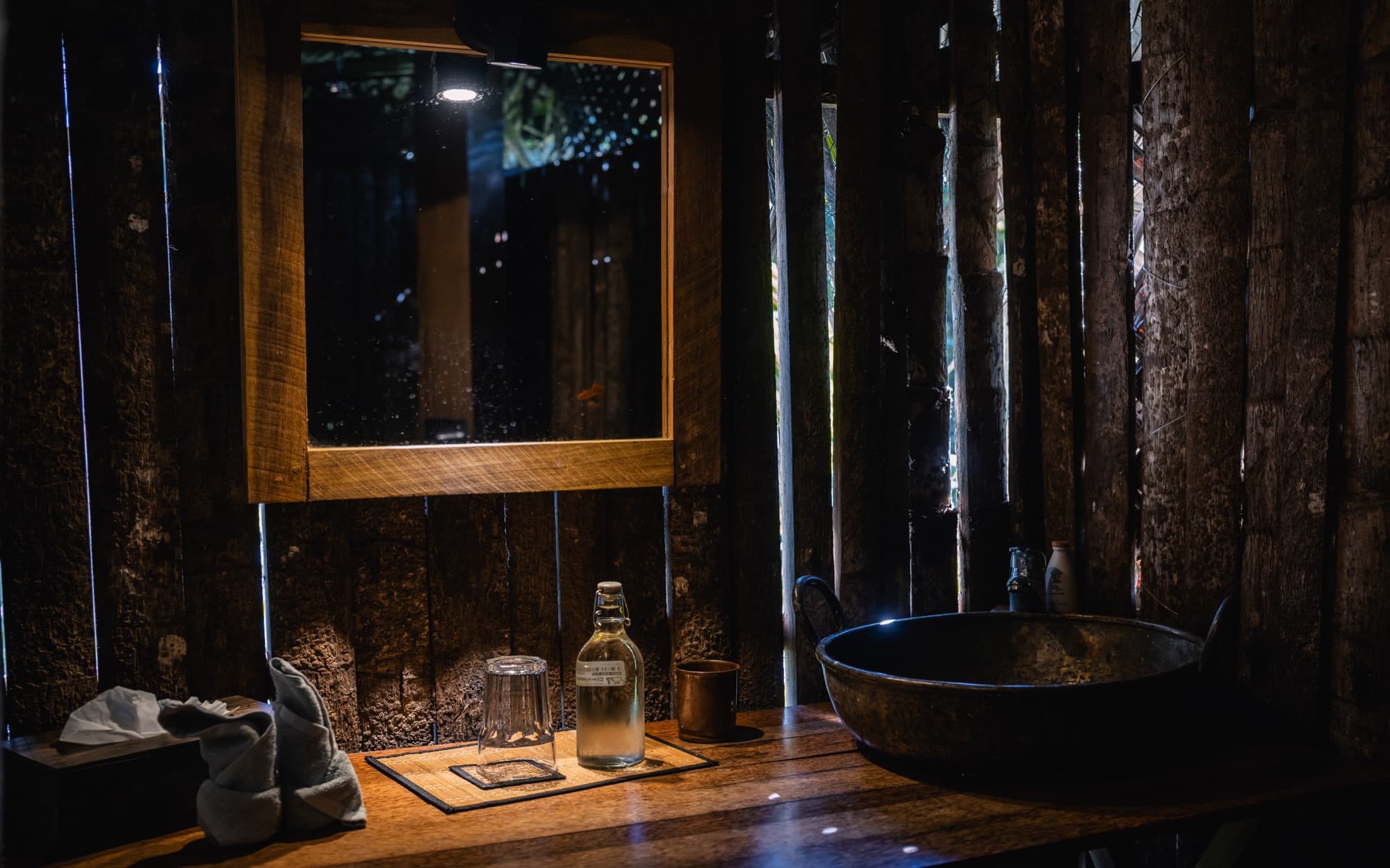 Forest Pavilion bathroom clad in dark timber with a stone basin