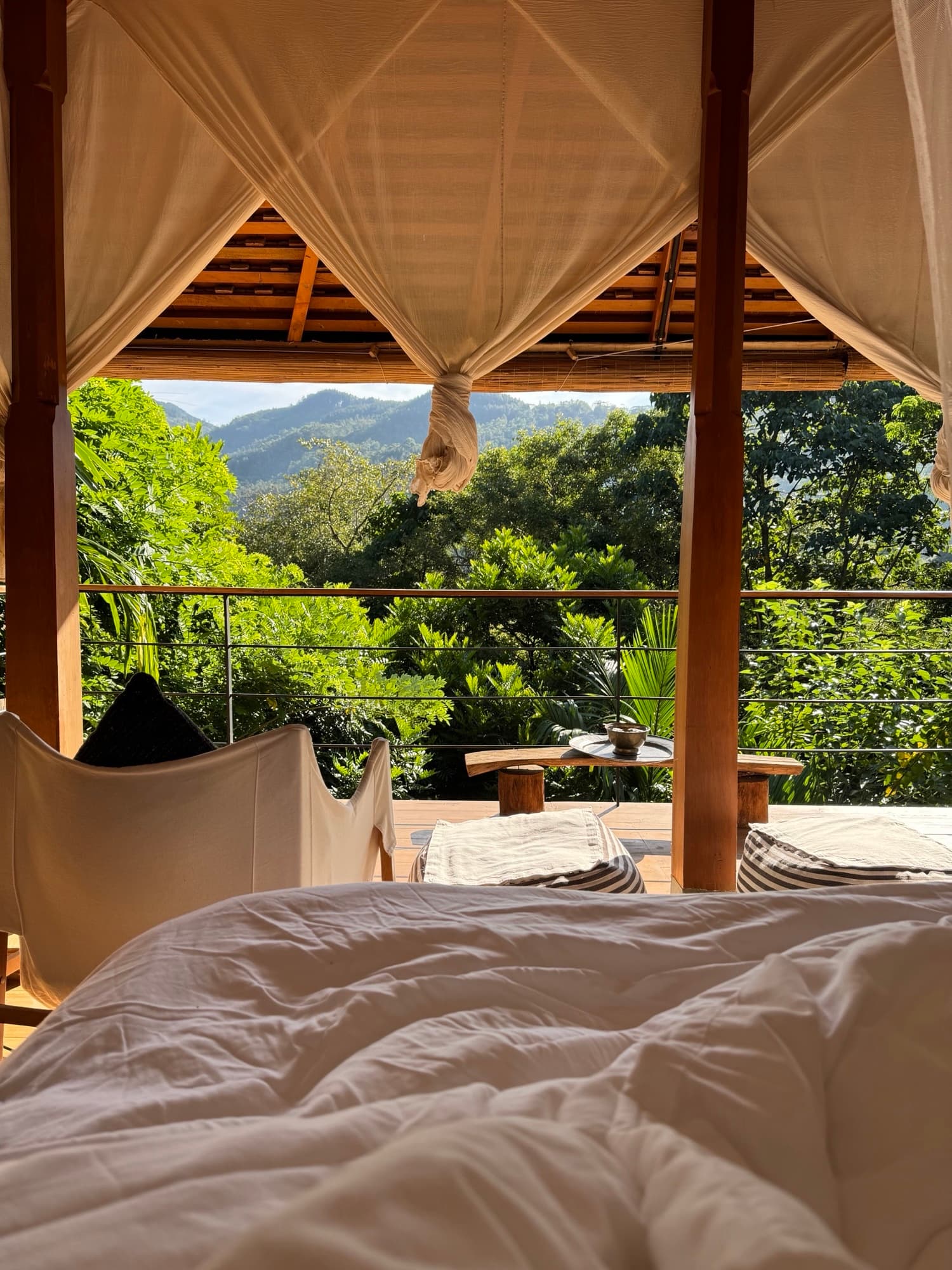 Interior of a Forest Pavilion with a canopied bed opening onto the mountains