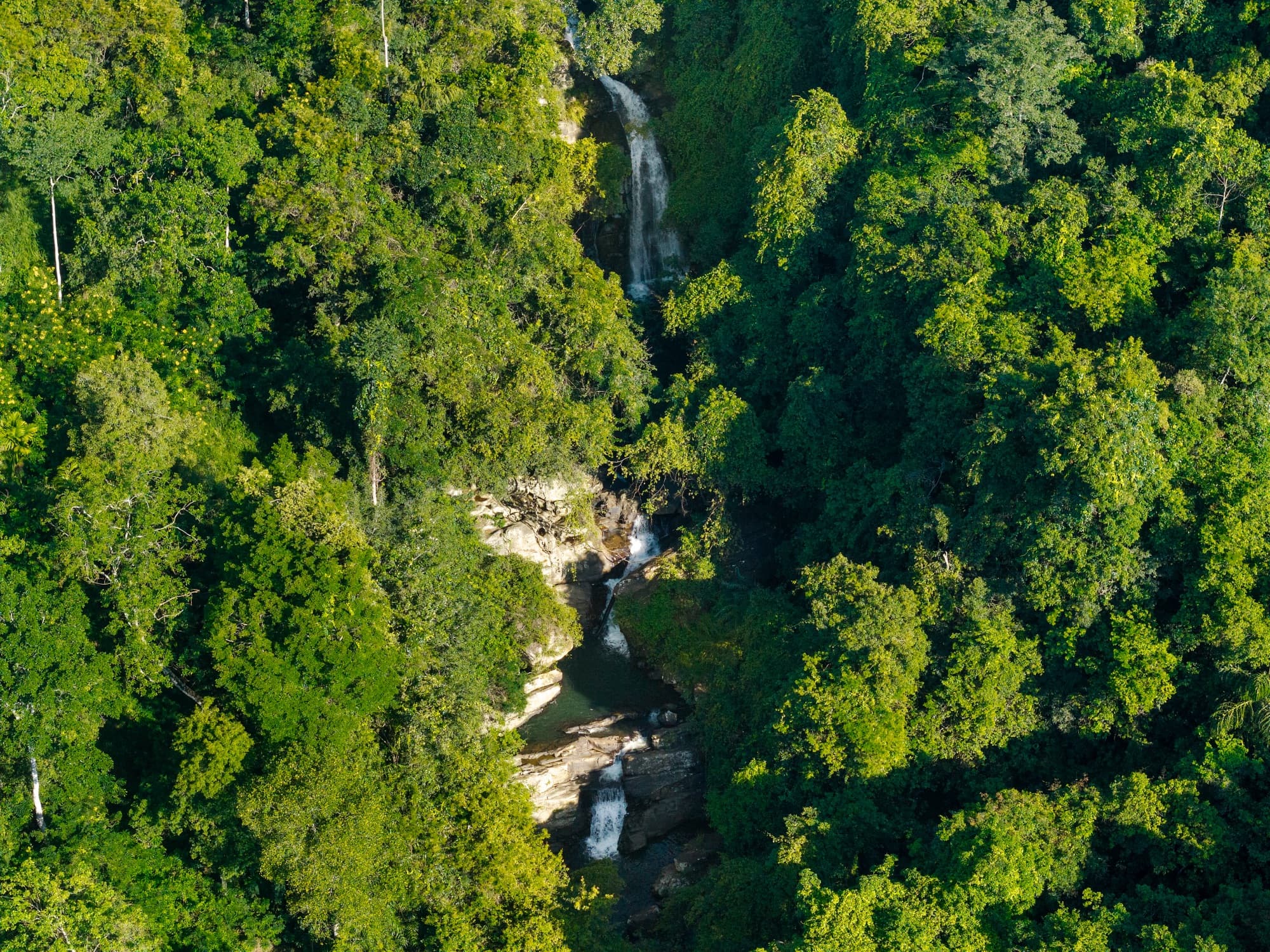Aerial view of the private waterfall dropping through the forested estate
