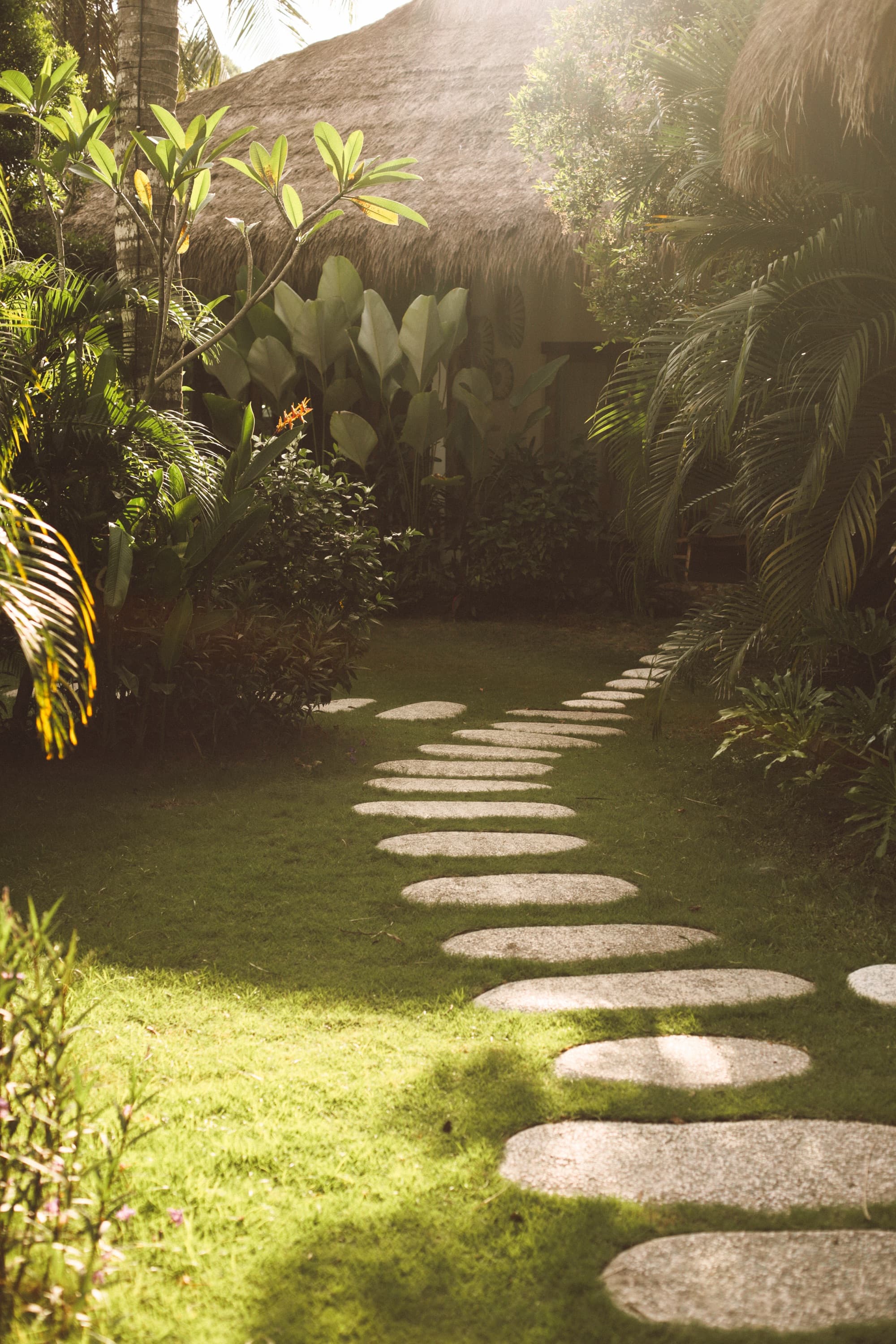 Stepping-stone path crossing a lawn between bungalows in golden afternoon light