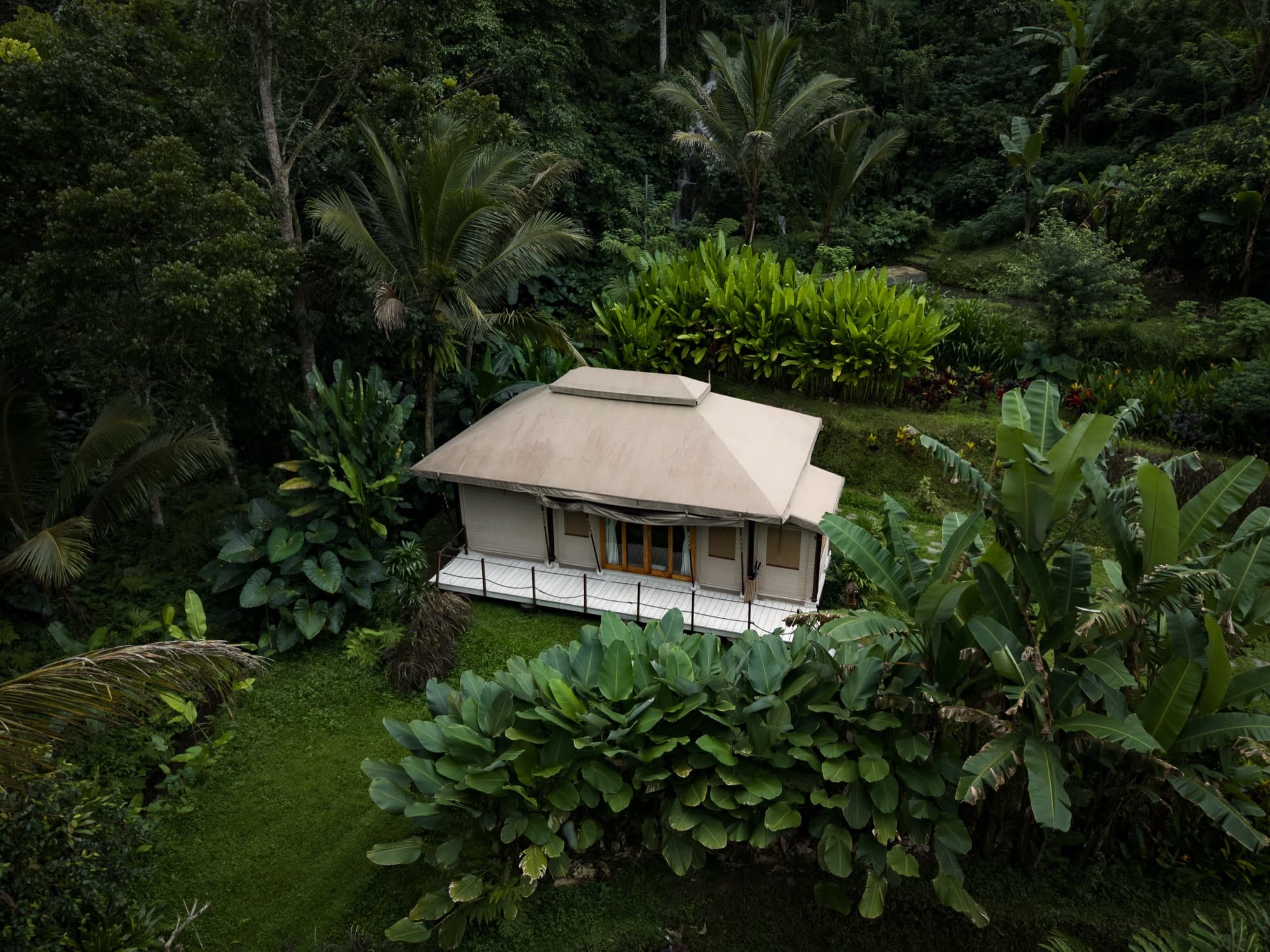 Waterfall Tent exterior nestled in tropical jungle, Mt Batukaru foothills
