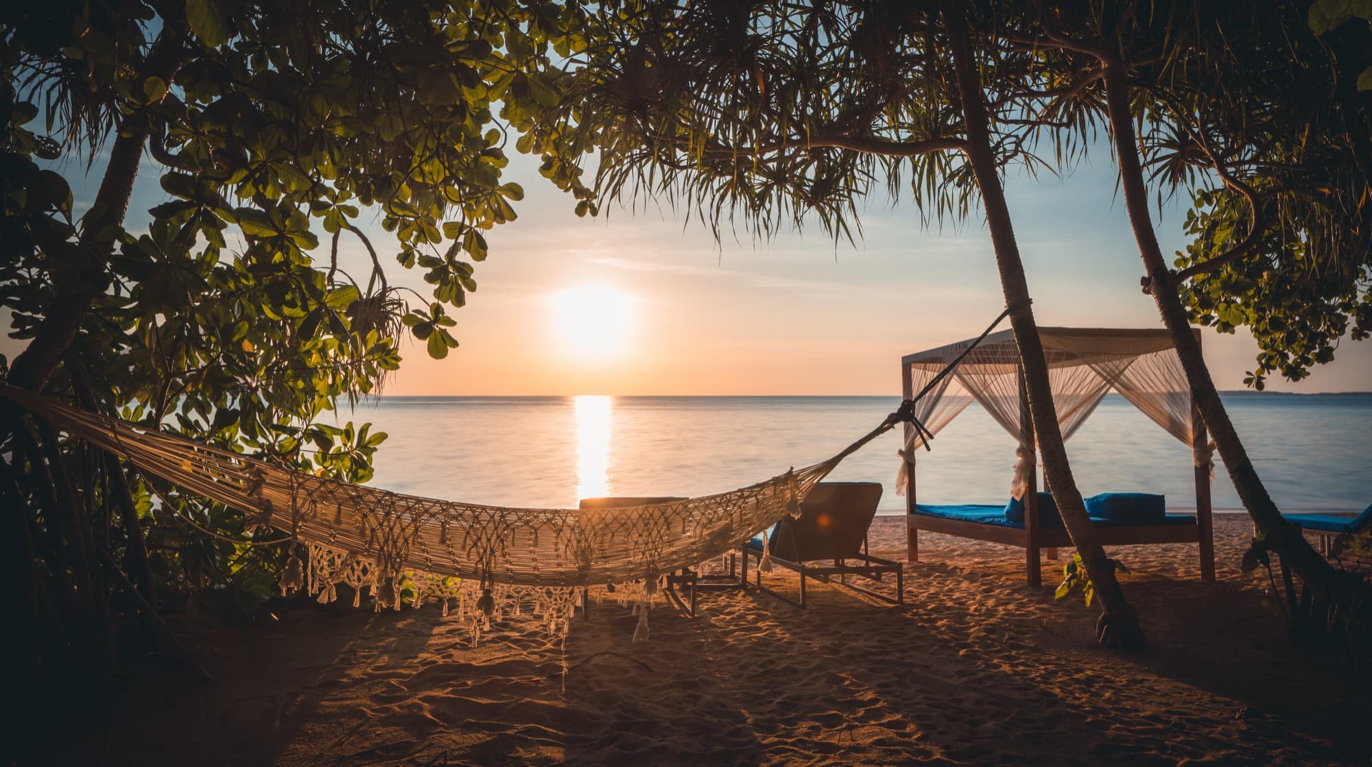 Hammock and daybed on the beach at sunset, framed by trees
