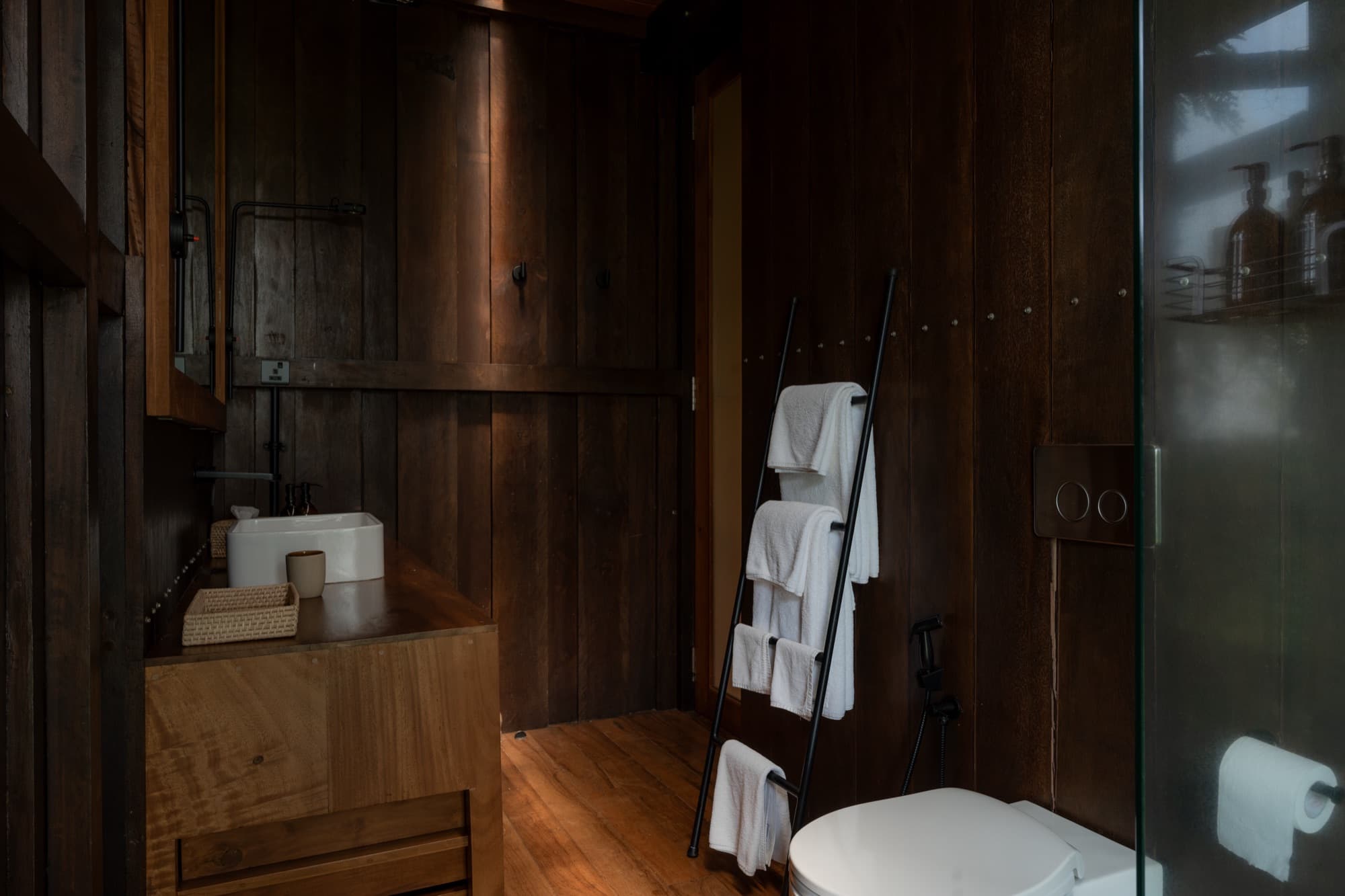 Dark timber bathroom with a towel ladder and walk-in shower