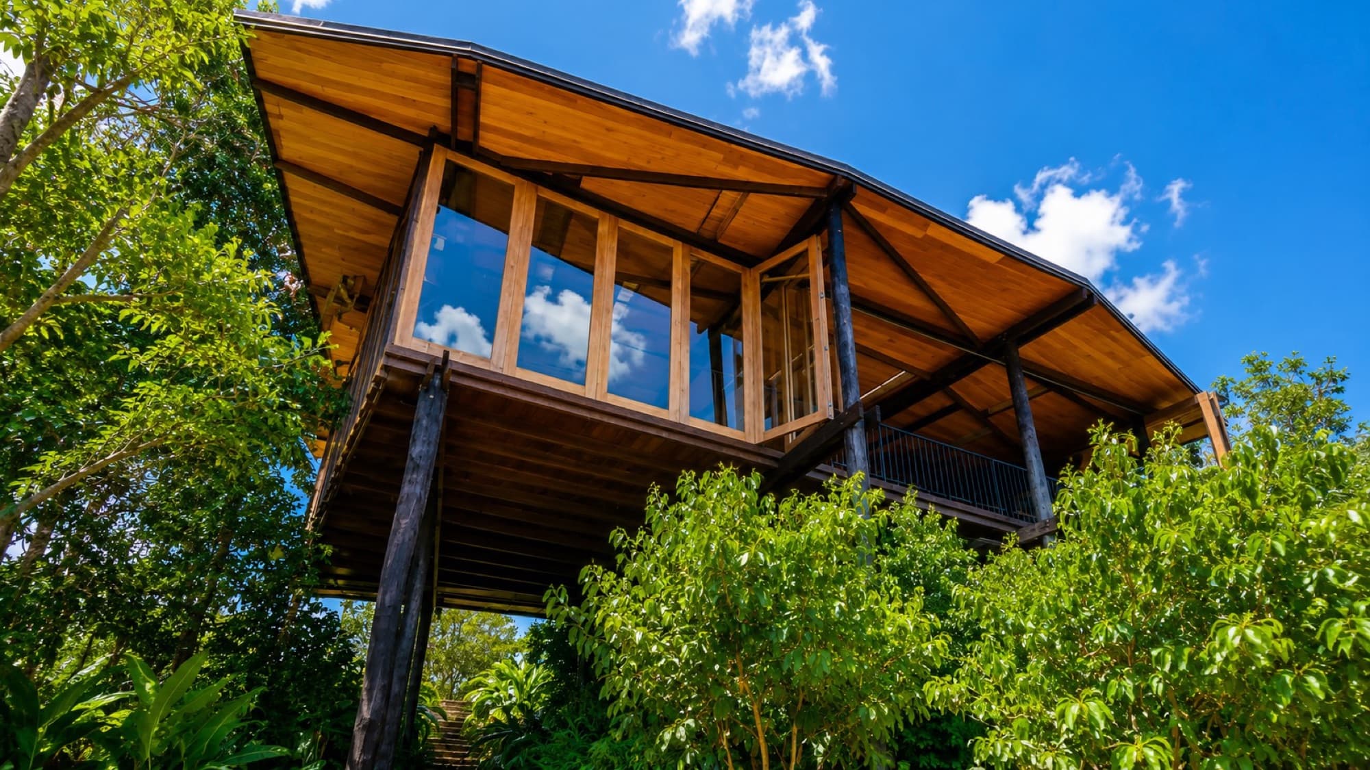 Timber suite with wide eaves and glass walls seen from below against a blue sky