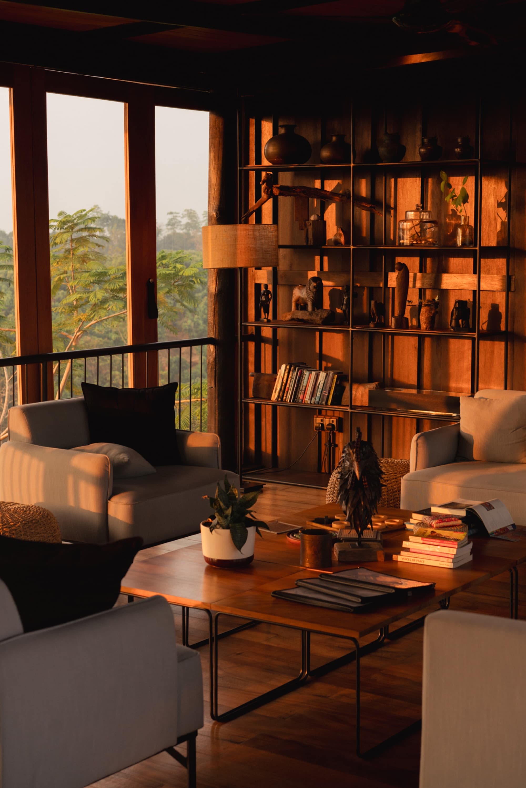 Lounge with armchairs and a tall shelf of books and local objects in golden light