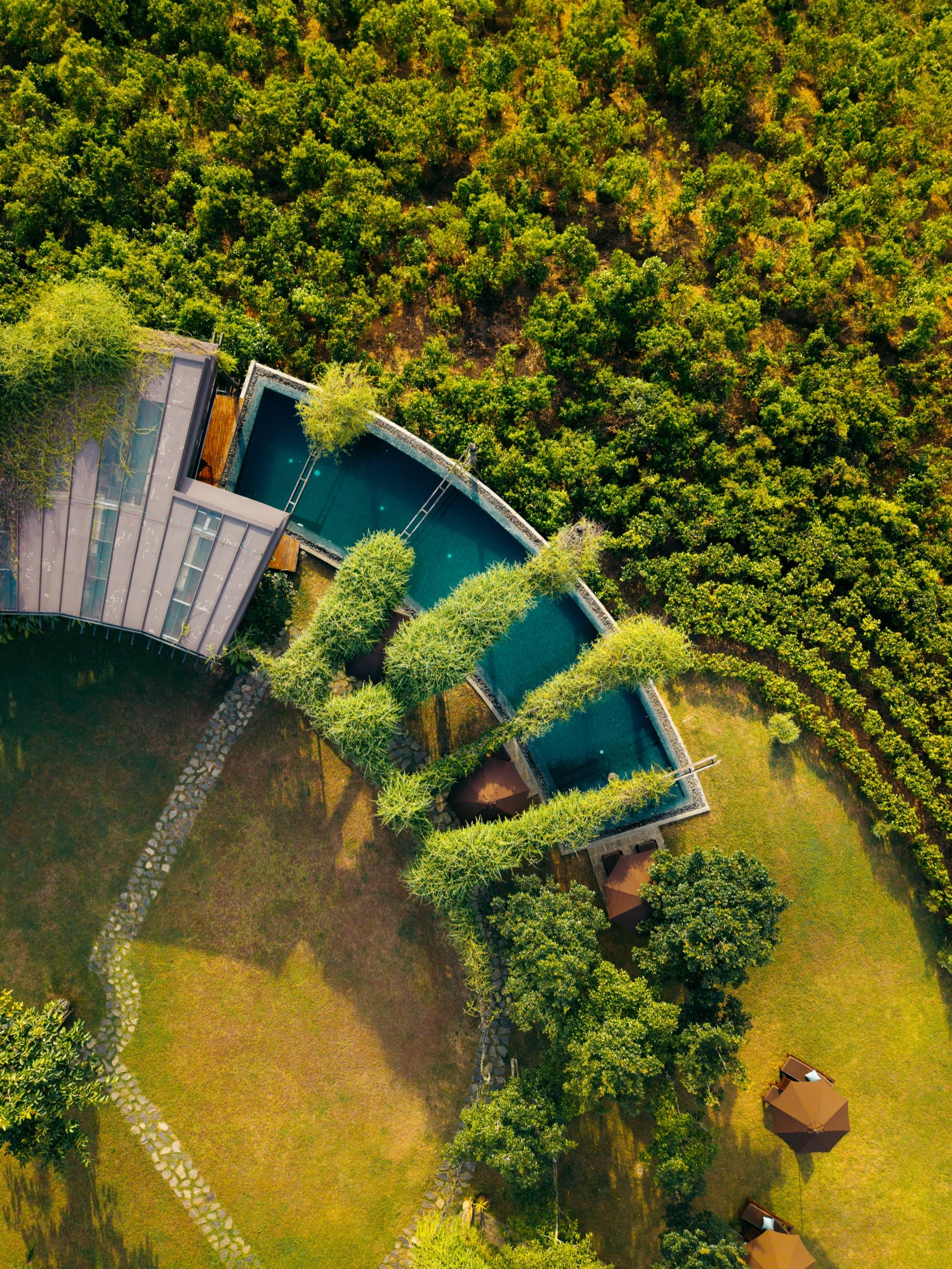 Overhead view of the infinity pool, lawns and garden paths of the roundhouse