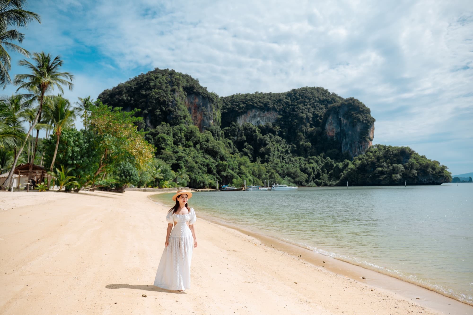 Sand beach lined with palms below a limestone karst covered in forest