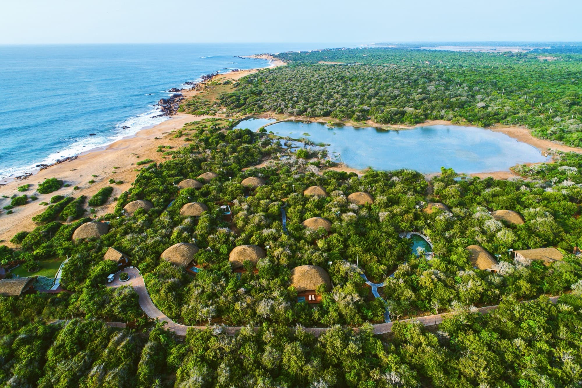 Aerial view of the lodge between the lagoon and the Indian Ocean