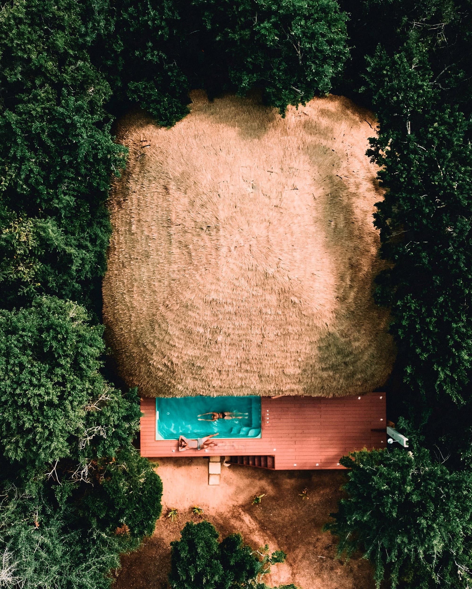 A thatched dome cabin and its pool deck in the scrub, seen from directly above