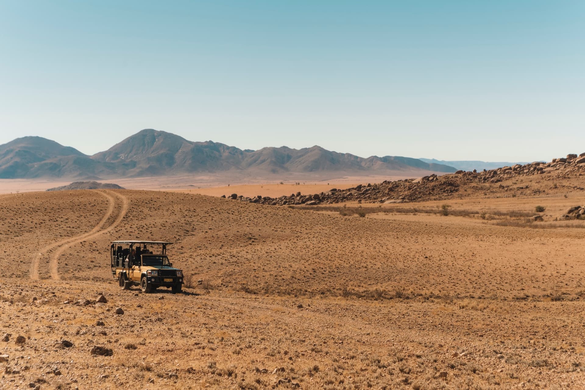 Game drive vehicle on a track across the plains