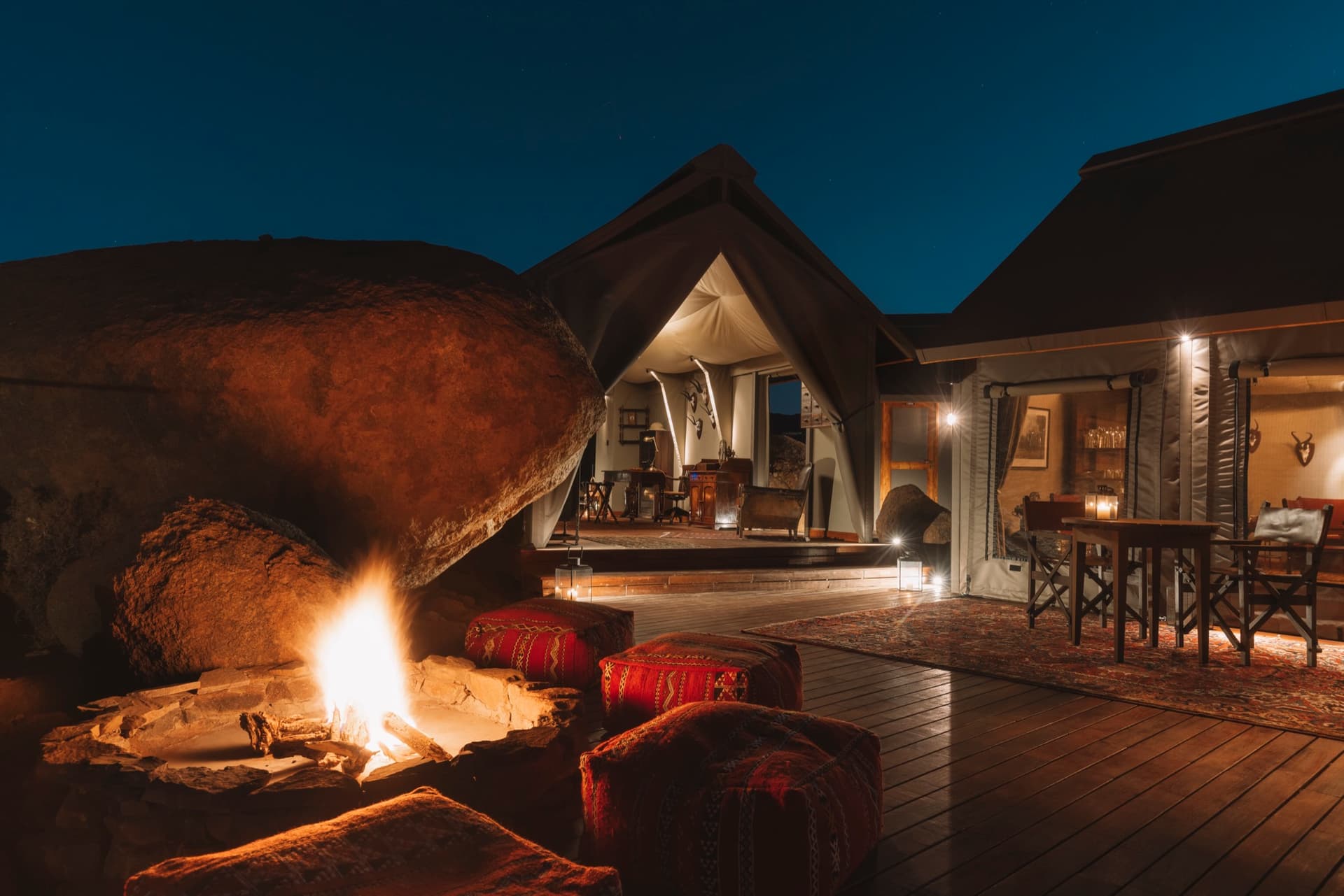 Fire pit by the main tent at night