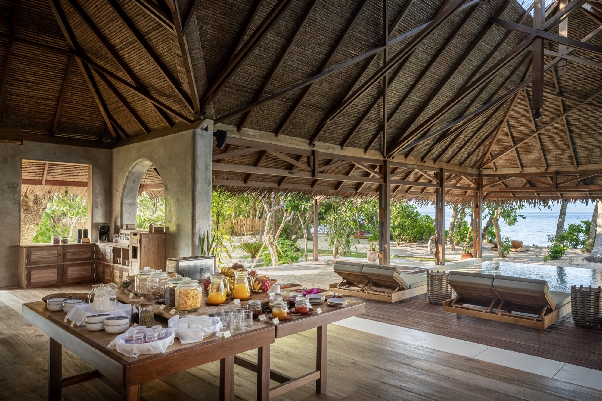 Communal and private tables in the Coral Eye restaurant