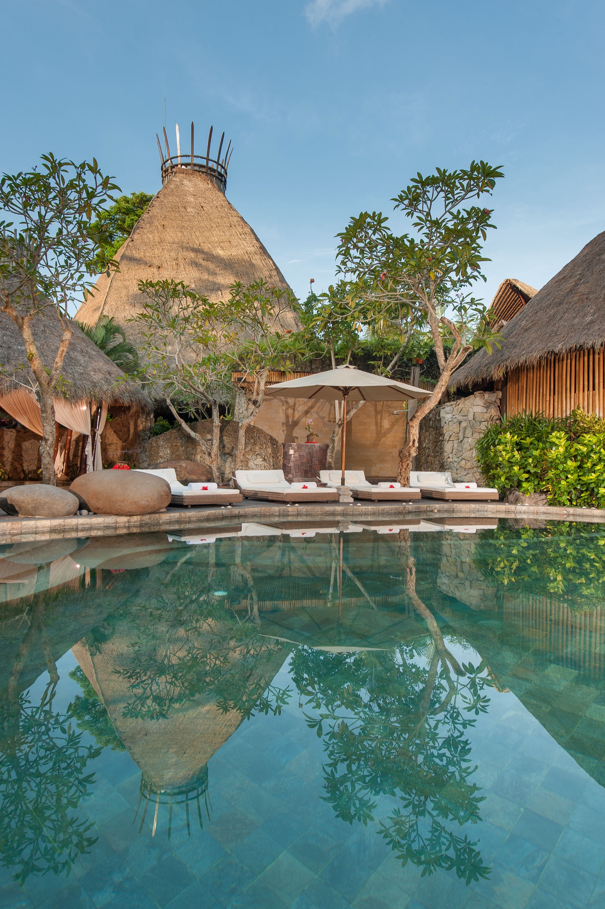 Bidadari Beauty Sanctuary watsu pool surrounded by bamboo pavilions