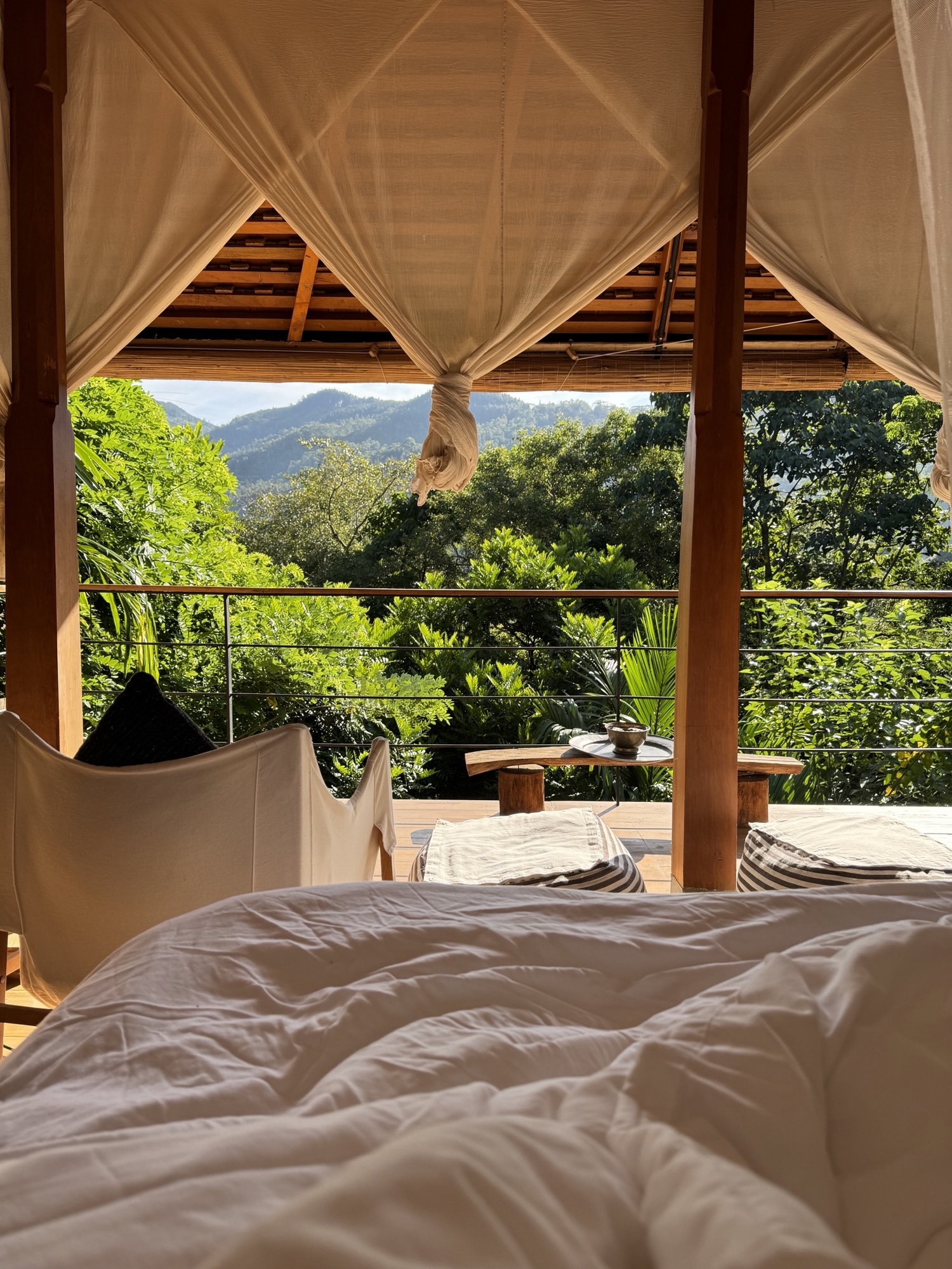 Interior of a Forest Pavilion with a canopied bed opening onto the mountains