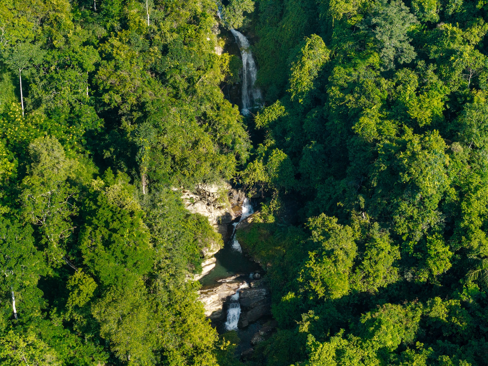 Aerial view of the private waterfall dropping through the forested estate