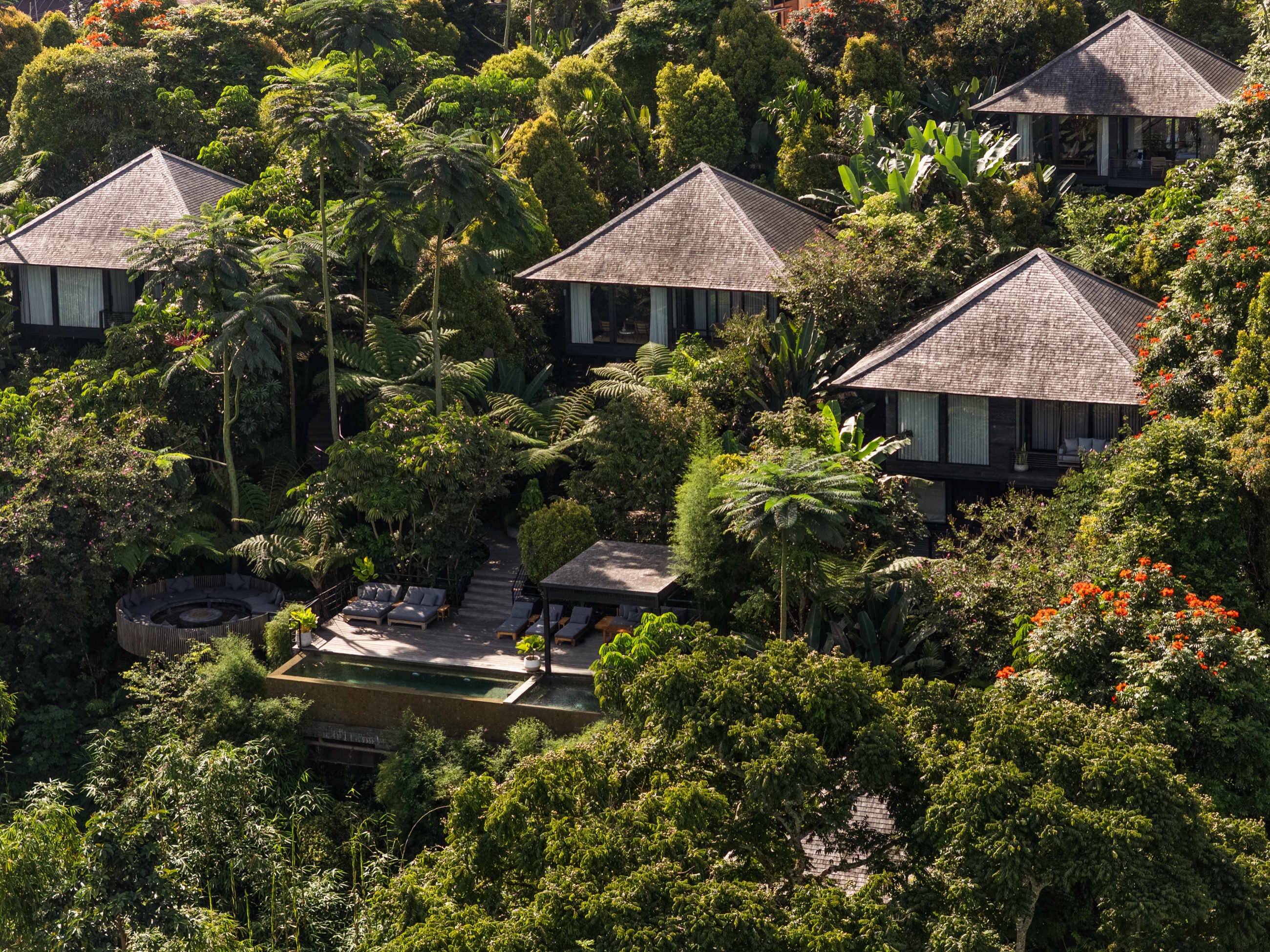 Cabins with shingled pyramid roofs amid dense rainforest above a pool deck and firepit, Munduk, North Bali