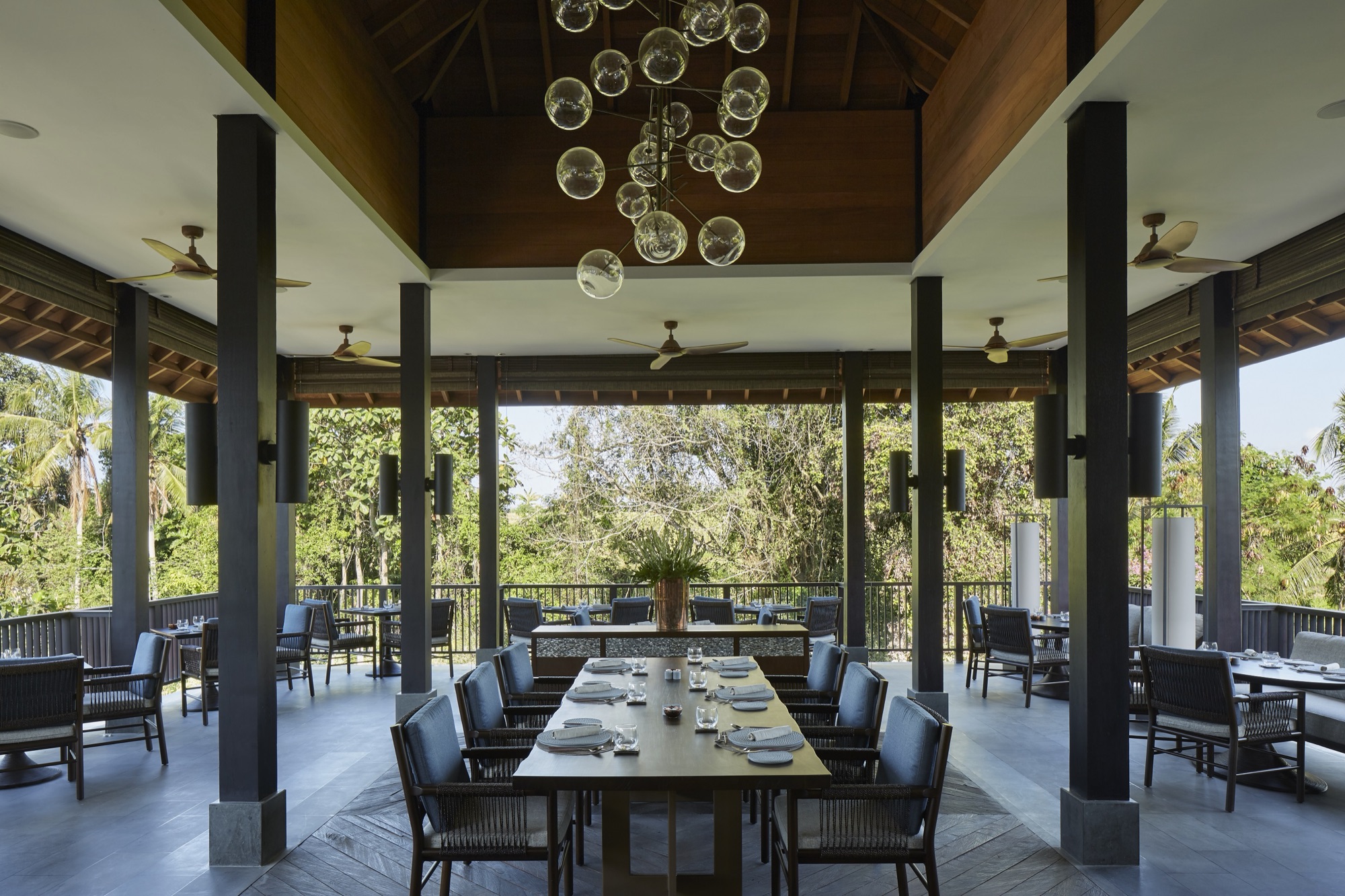 Ambu, the open-air restaurant, with jungle views on three sides