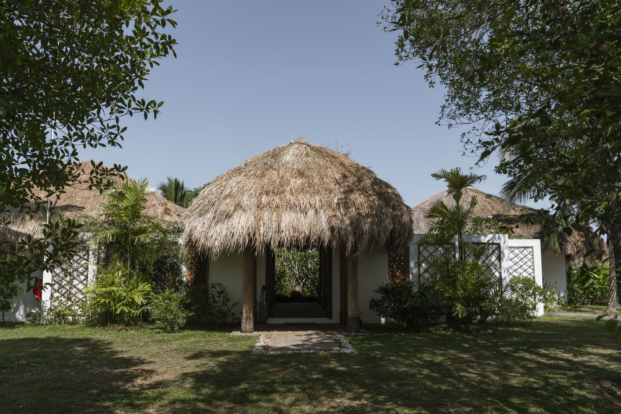 Whitewashed lodge with a thatched entrance porch surrounded by lawn and palms