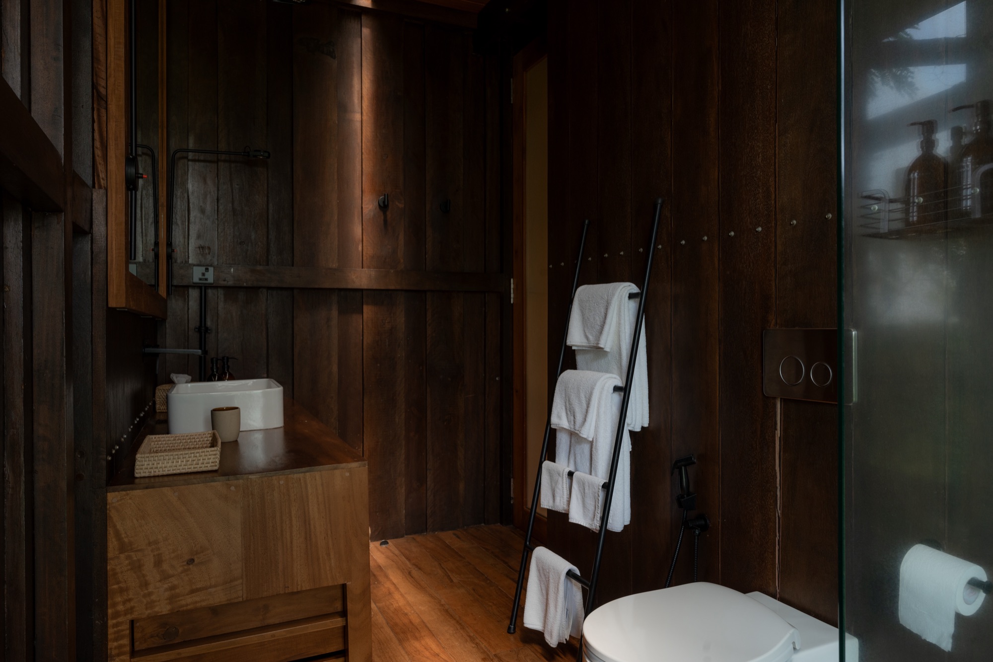 Dark timber bathroom with a towel ladder and walk-in shower