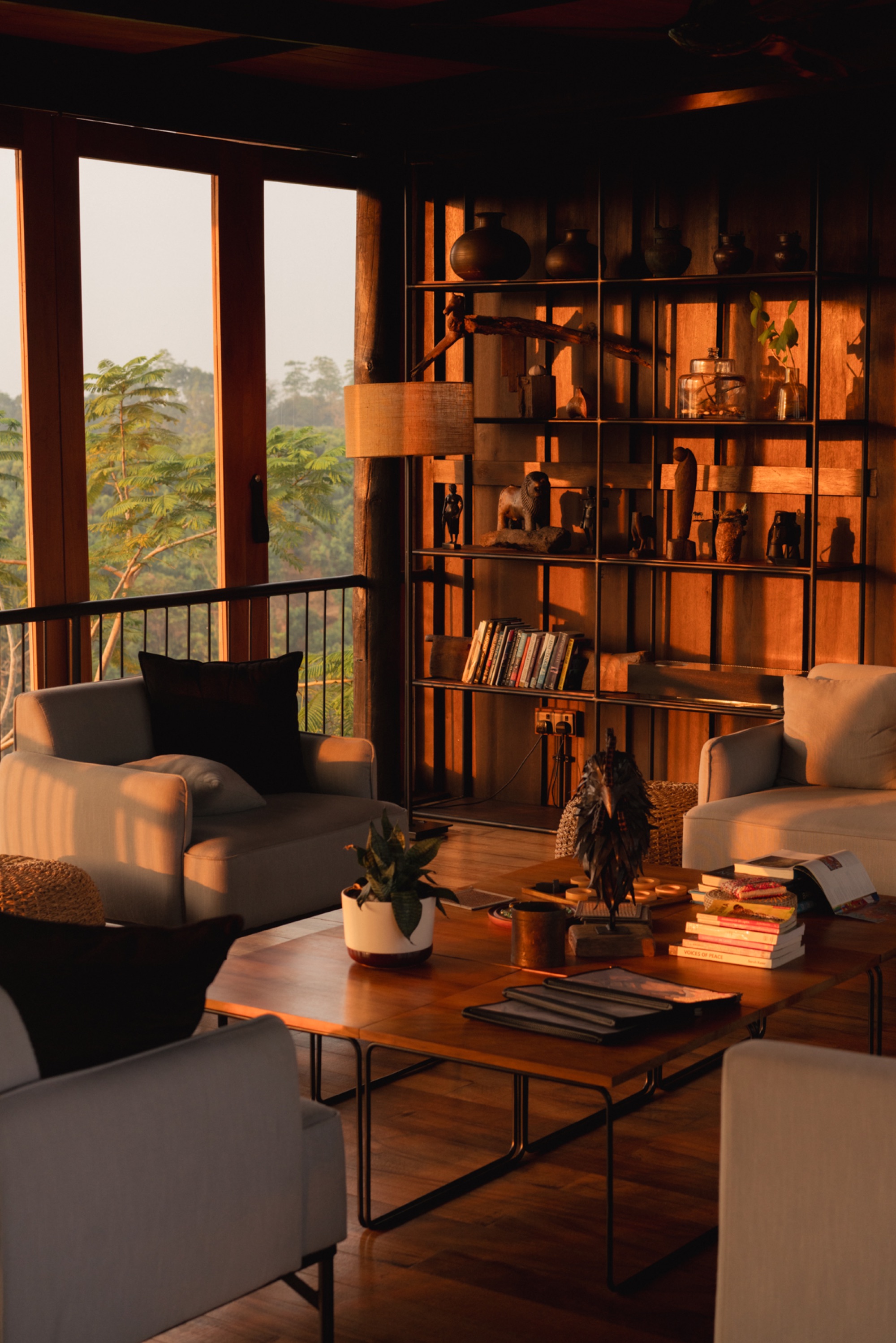 Lounge with armchairs and a tall shelf of books and local objects in golden light