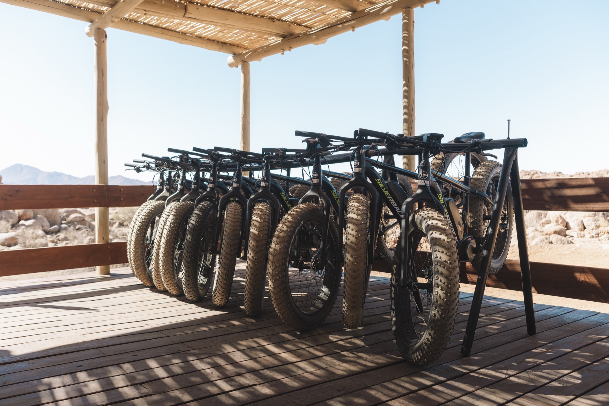 Electric fat bikes lined up under the bike shelter