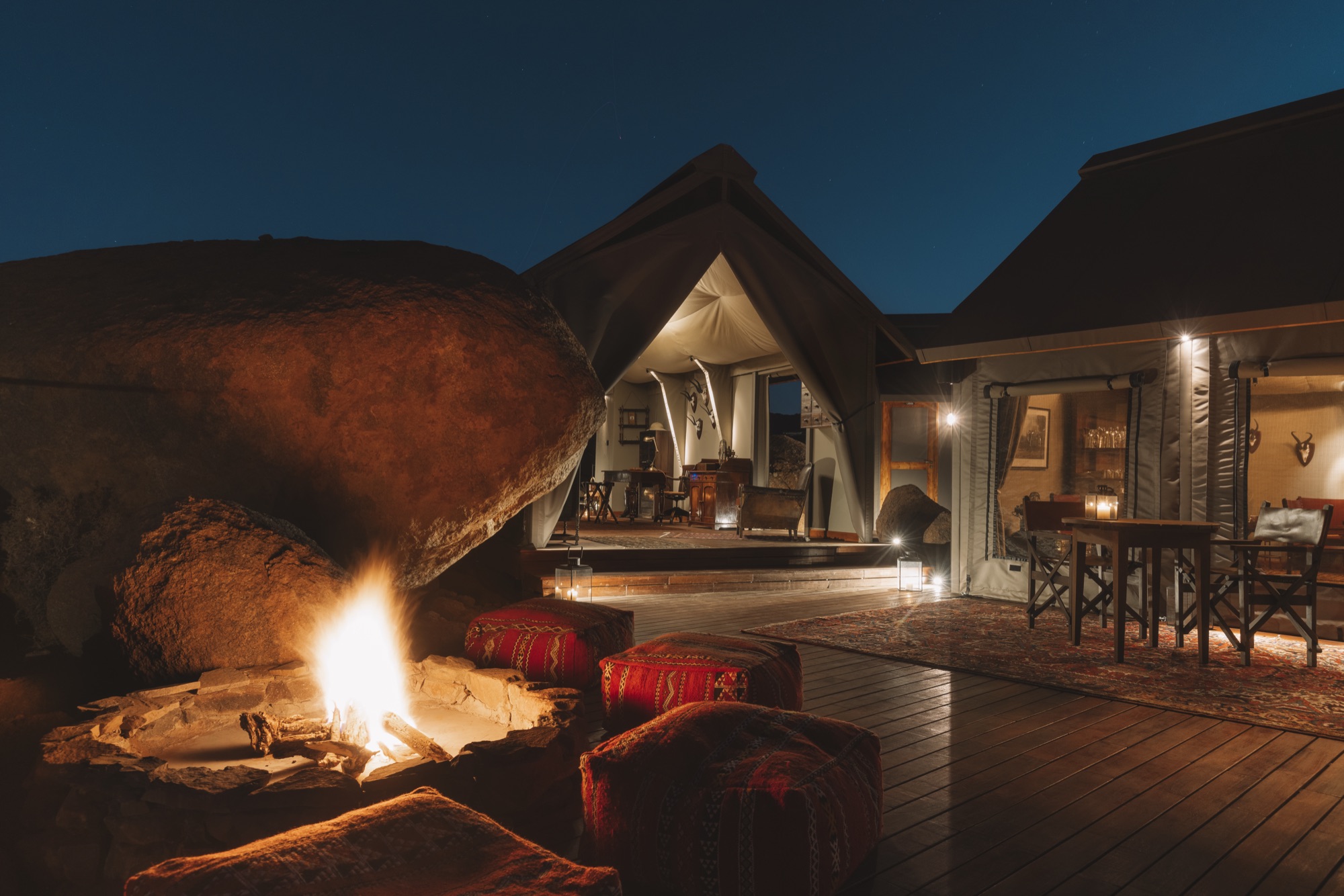 Fire pit by the main tent at night